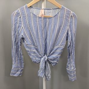 Luna Chix Light Blue Striped Tie Front Crop Top, M